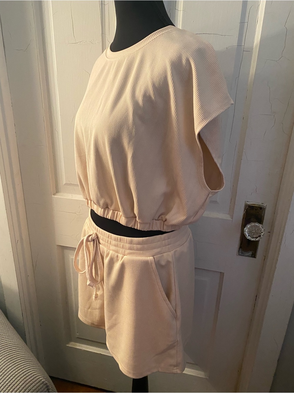 SHEIN Cream Ribbed Drawstring Shorts Set - Picture 6 of 8